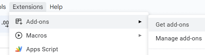 screenshot - manage add ons in Google Sheets