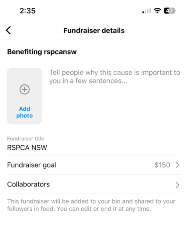 Create your own Instagram Fundraiser